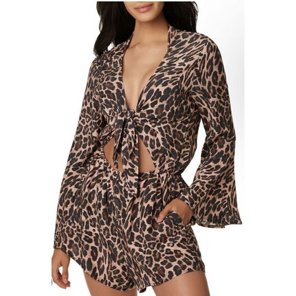 Bar IIl Sz M Beach Cheetah Tie Front LS V-Neck Romper Swim Cover Up Pockets $80 - Picture 10 of 11